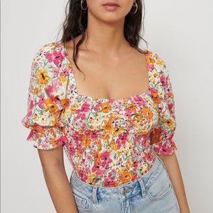 Dynamite Printed Smocked Top Crinched Sleeve Sz XL | Multi Floral on White